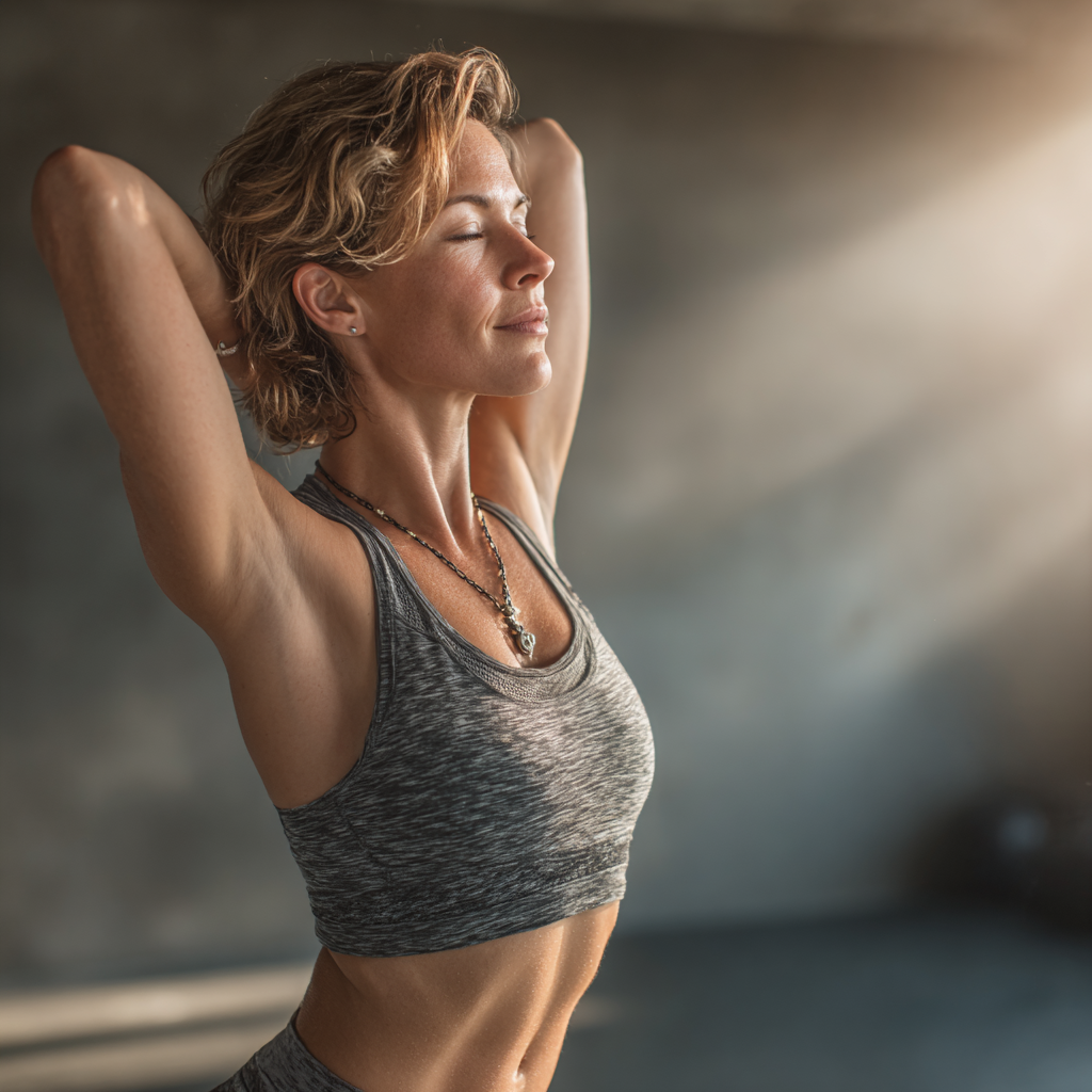 Energetic woman in her 40s wearing workout clothes doing stretching exercises in a bright modern fitness studio, showing flexibility and wellness lifestyle